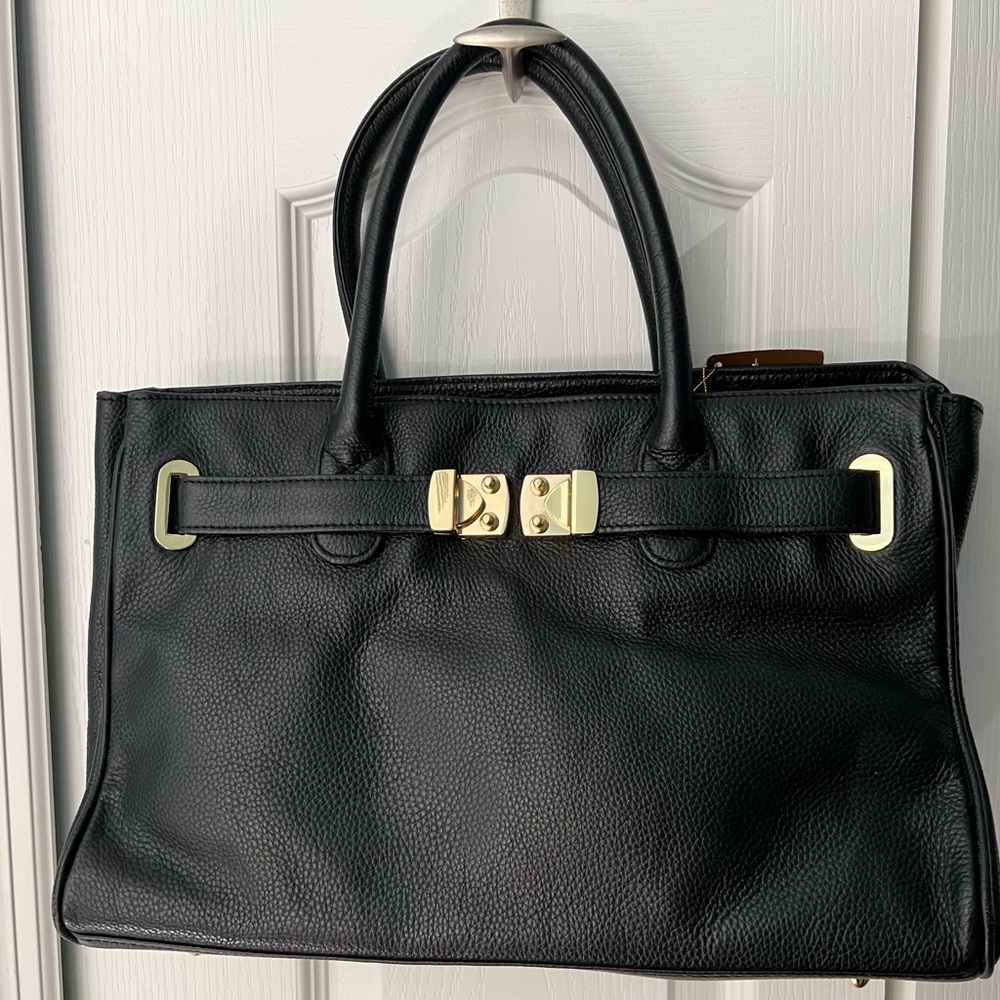 Onna Ehrlich Maya Black Leather Satchel Tote with Gold Accents NWT